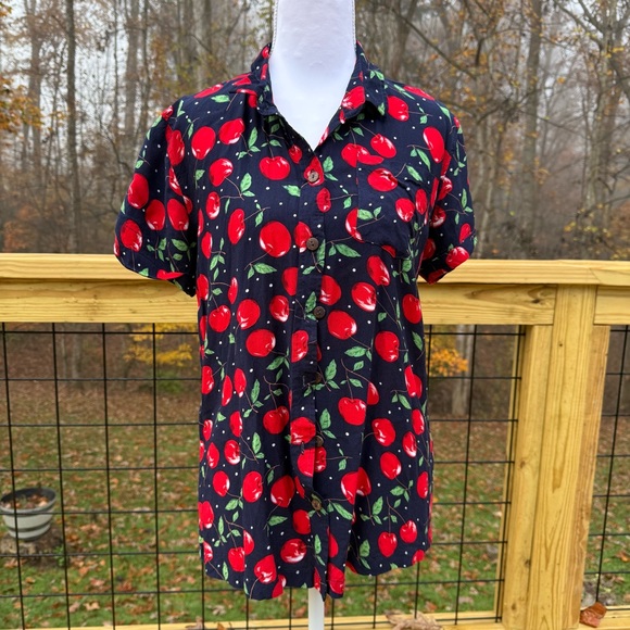 Androgynous Fox Tops - Navy Cherry Print Women's Button Down Shirt